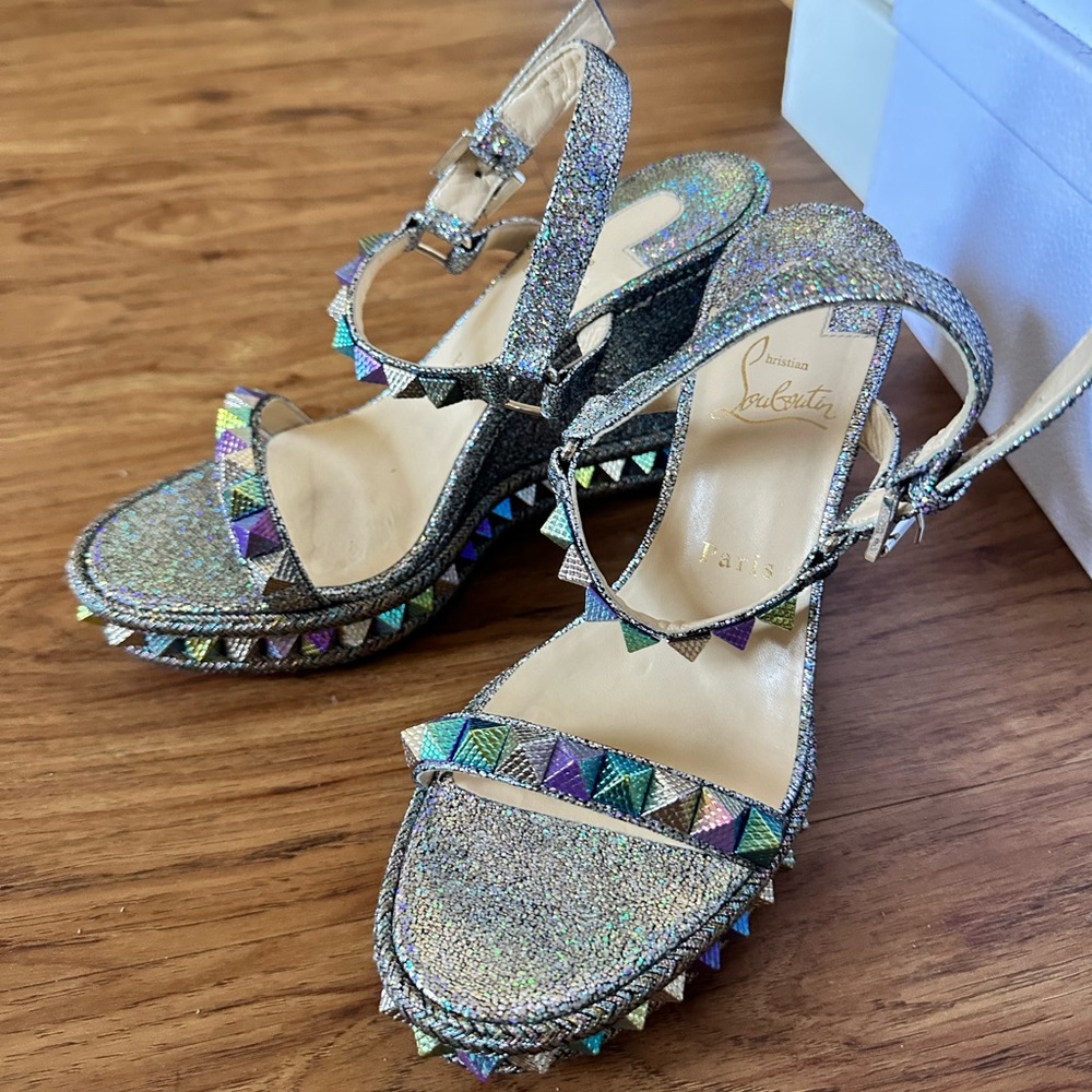 CHRISTIAN LOUBOUTIN Pyraclou 110 glittered wedge sandals